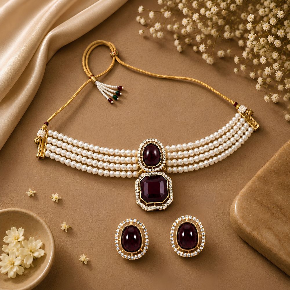 Ekashi- Wine Stone Pearl Choker Necklace Set