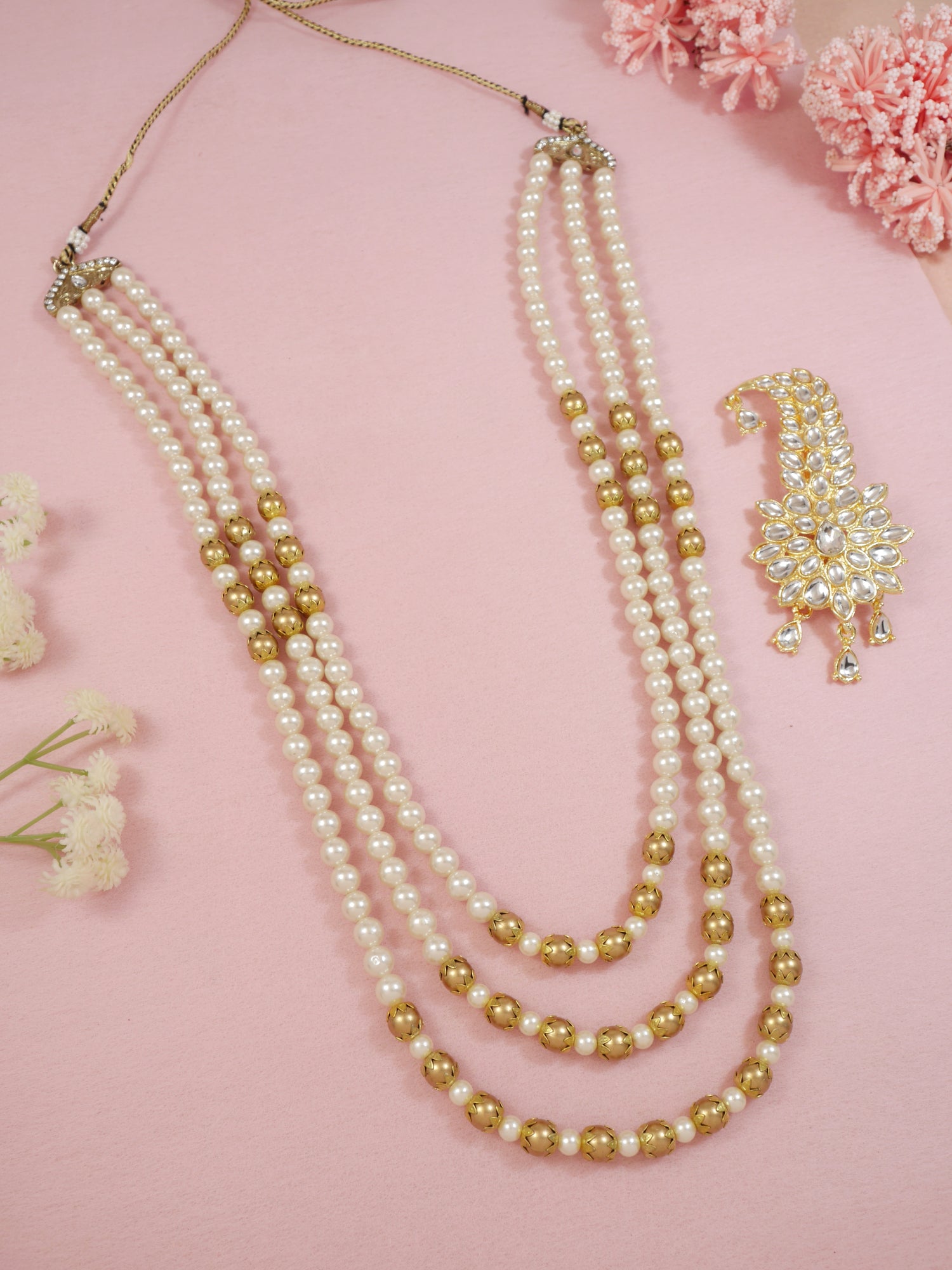 Elegant Multi-Layer Pearl Mens Necklace Set with Kalangi