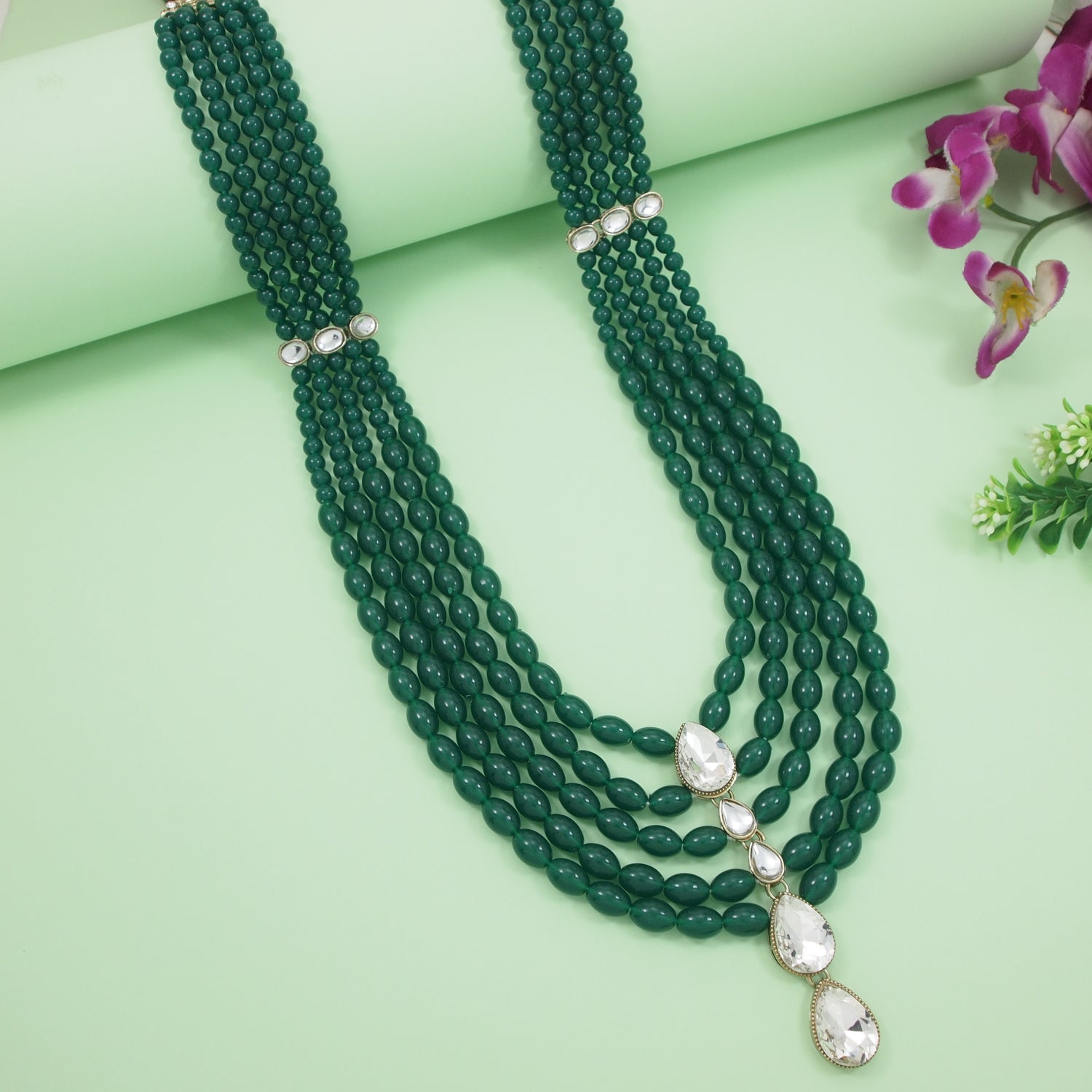 Arhan - Green Stone Multi-Layer Beaded Mala with Kundan Accents