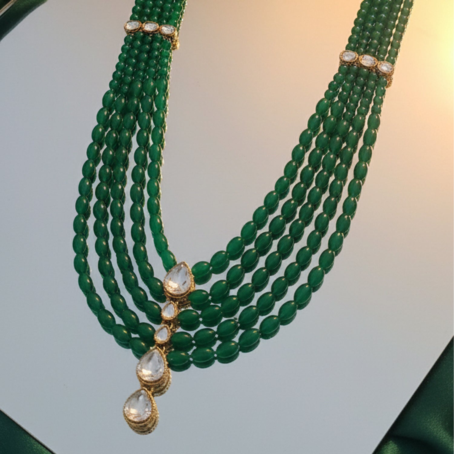 Arhan - Green Stone Multi-Layer Beaded Mala with Kundan Accents