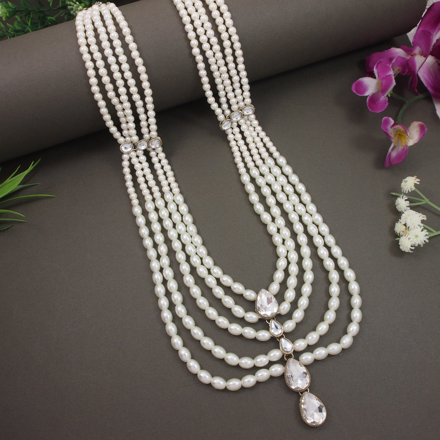 Arhan - White Pearl Multi-Layer Beaded Mala with Kundan Accents