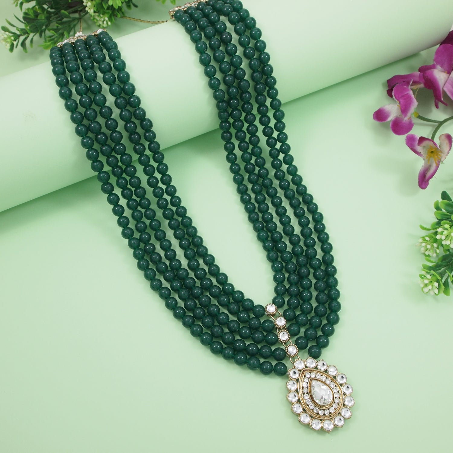 Anvit - Green Beaded Multi-Layer Mala Necklace with Kundan Pendant
