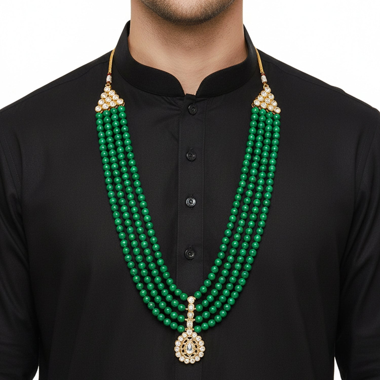 Anvit - Green Beaded Multi-Layer Mala Necklace with Kundan Pendant