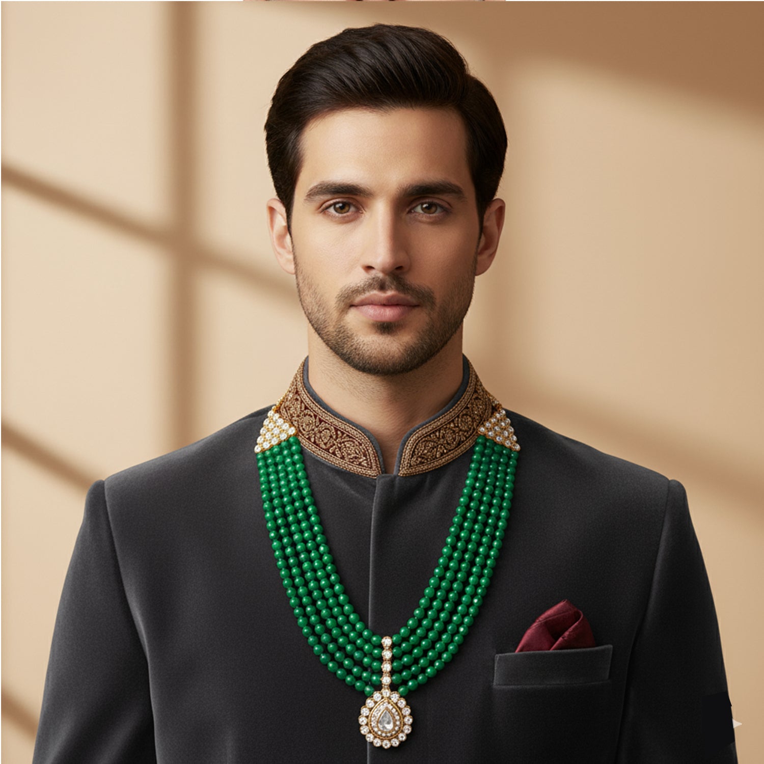 Anvit - Green Beaded Multi-Layer Mala Necklace with Kundan Pendant