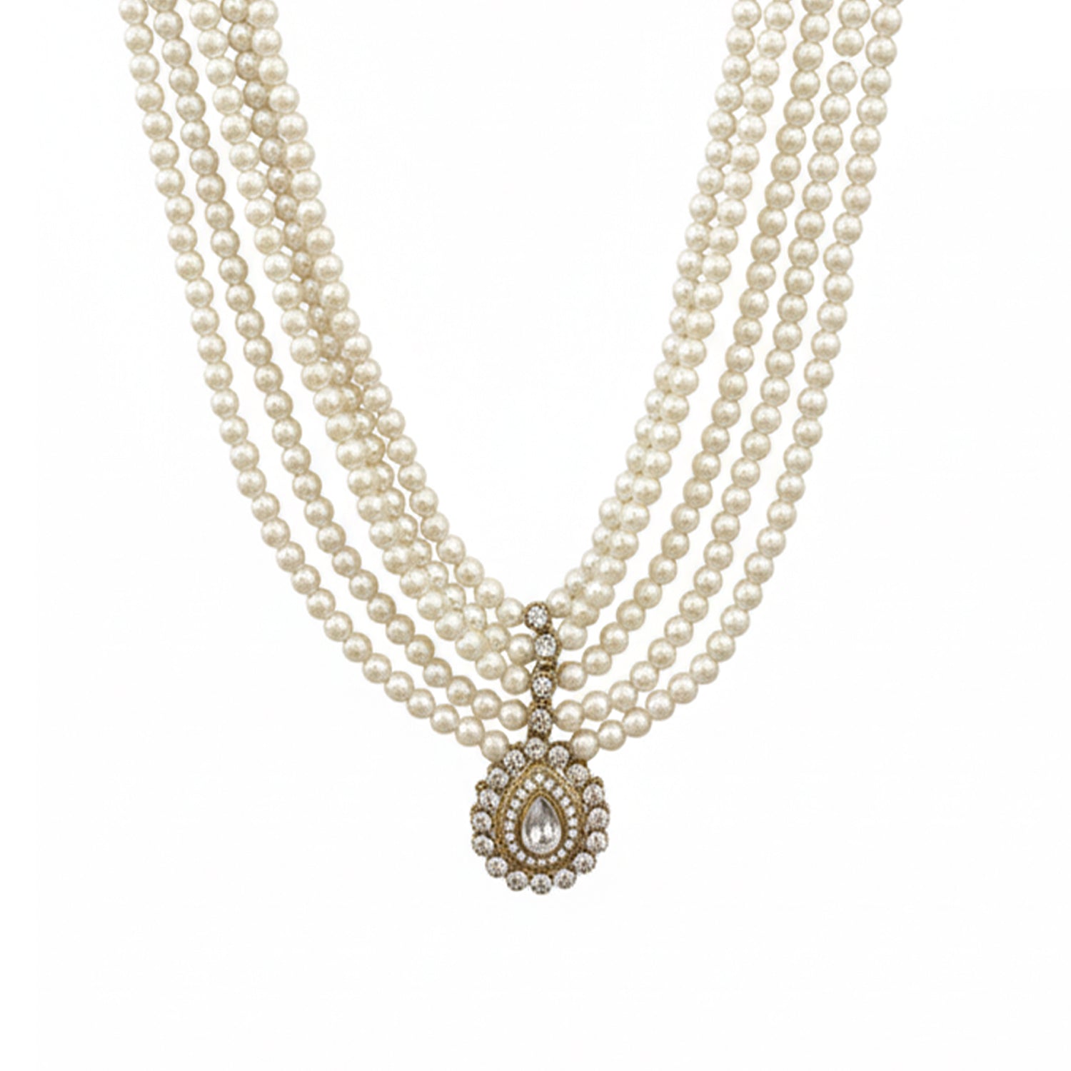 Anvit - White Beaded Multi-Layer Mala Necklace with Kundan Pendant