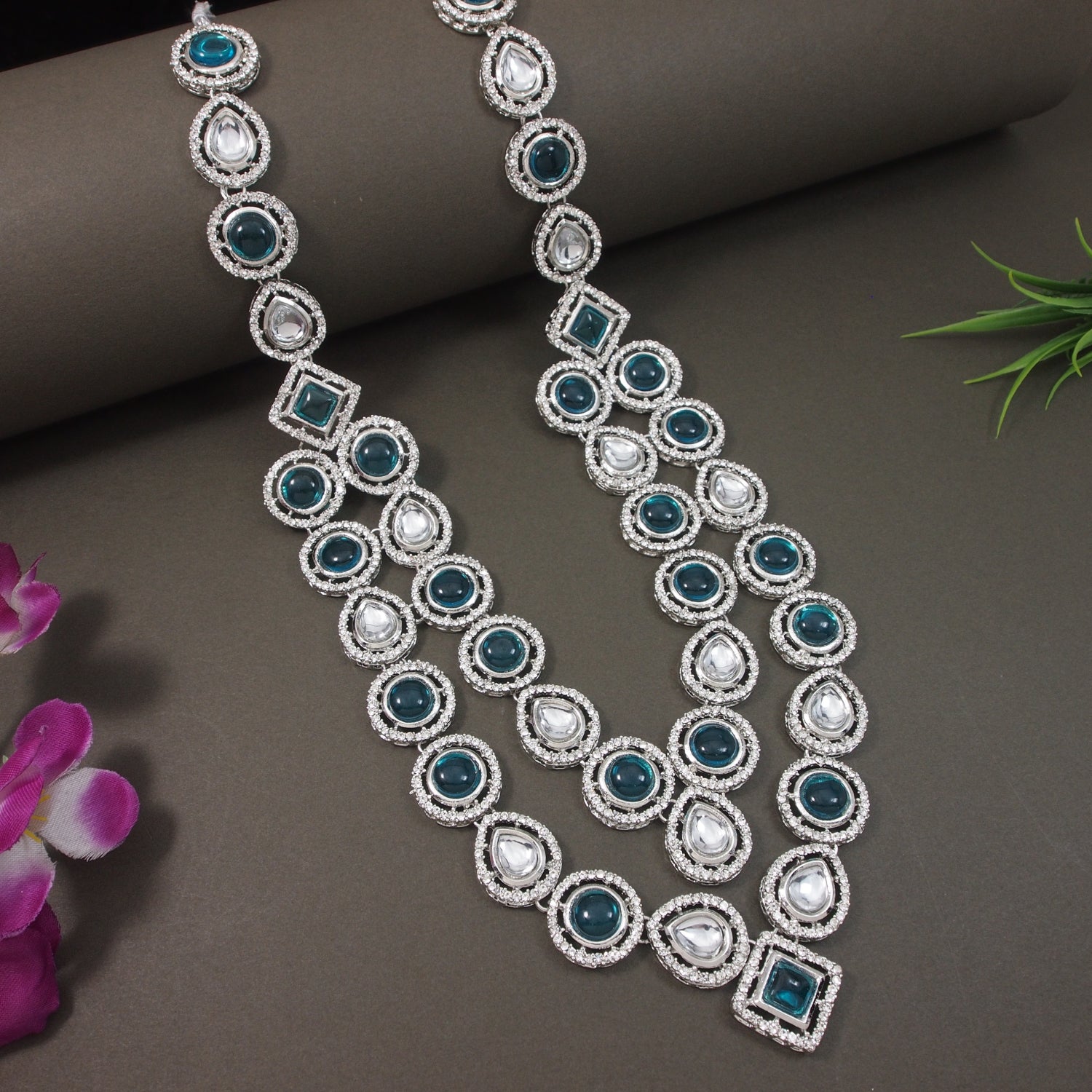 Ankit -  Silver Green Kundan Mala