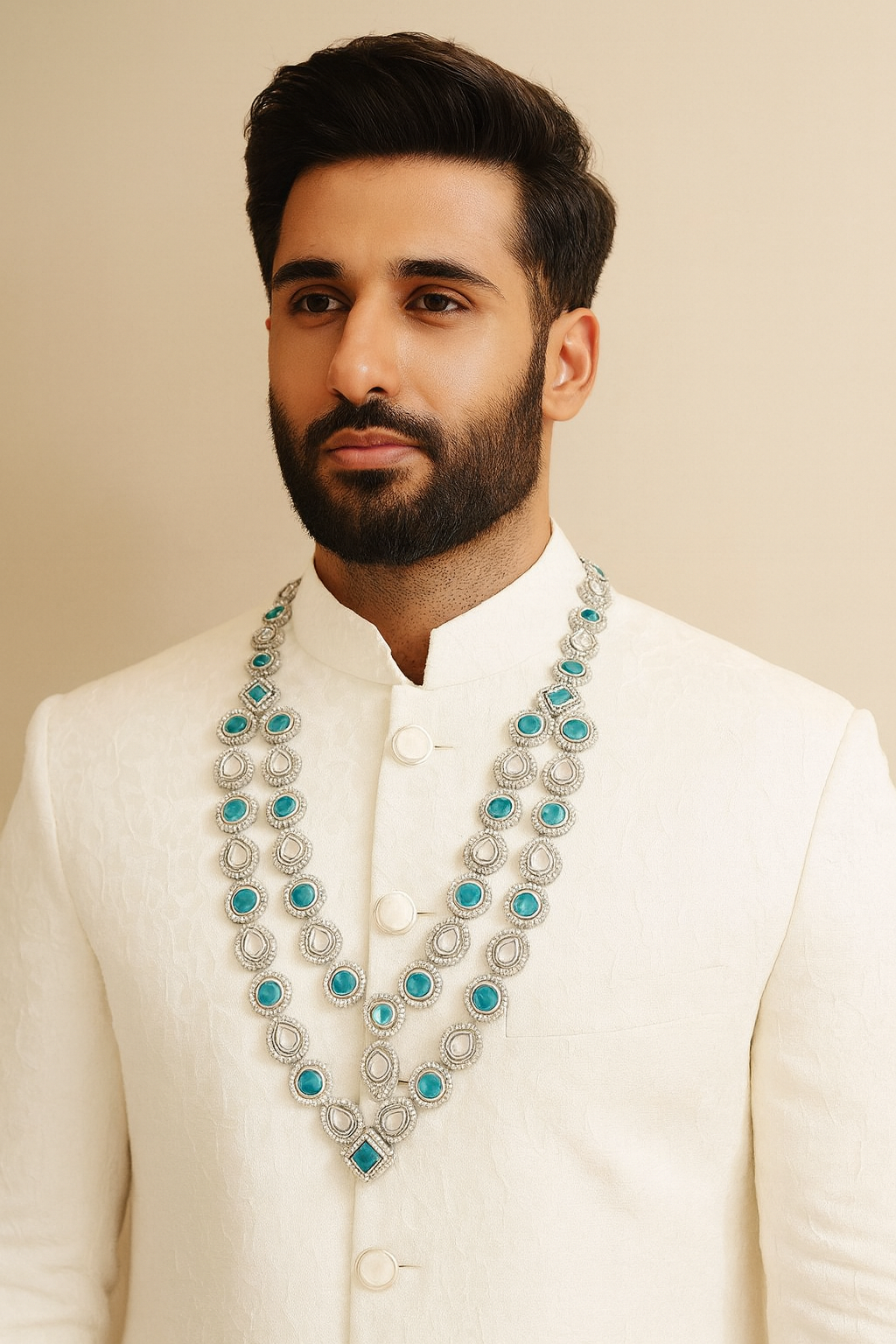 Ankit -  Silver Green Kundan Mala