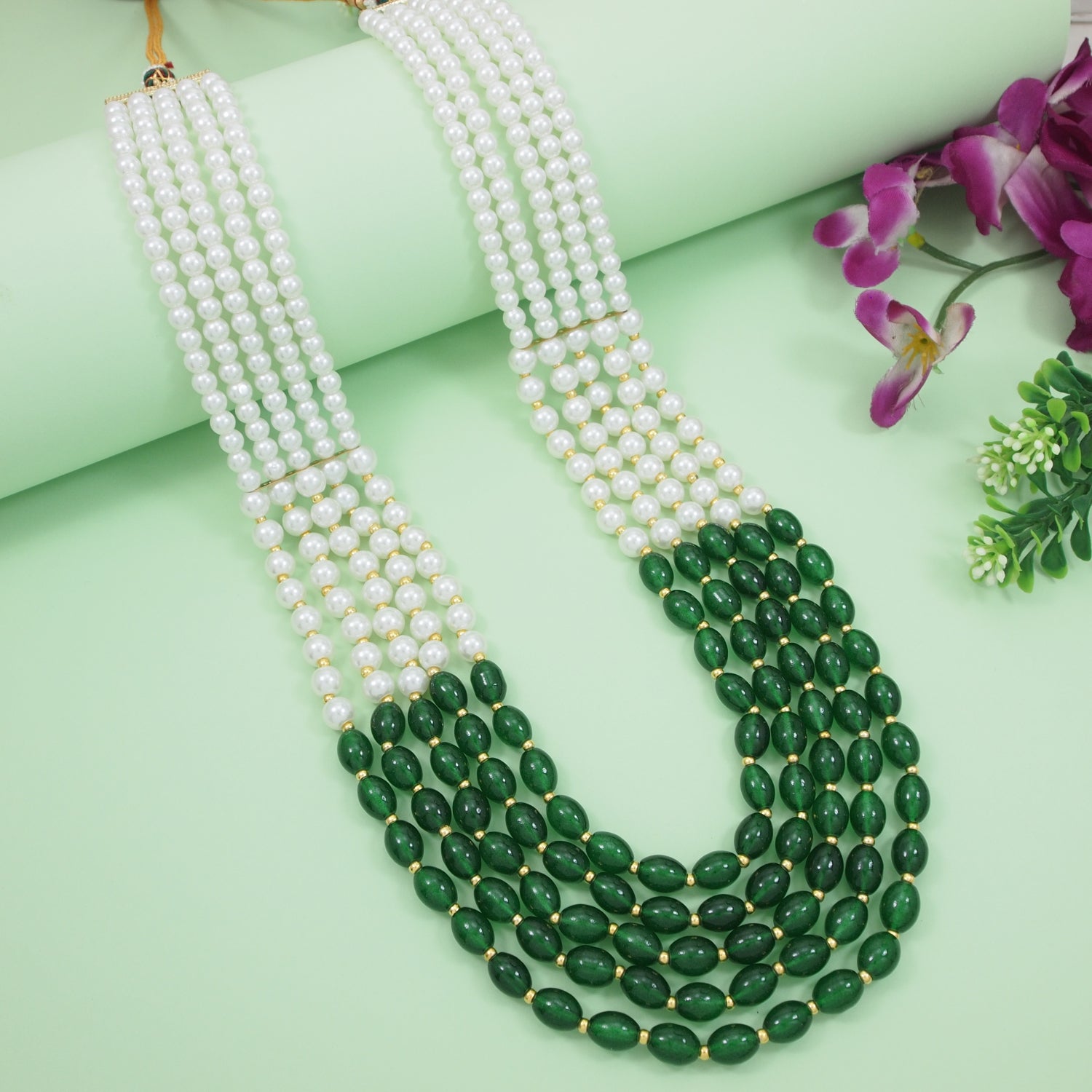 Ronav - Dual-Tone Green & White Beaded Multi-Layer Mala Necklace