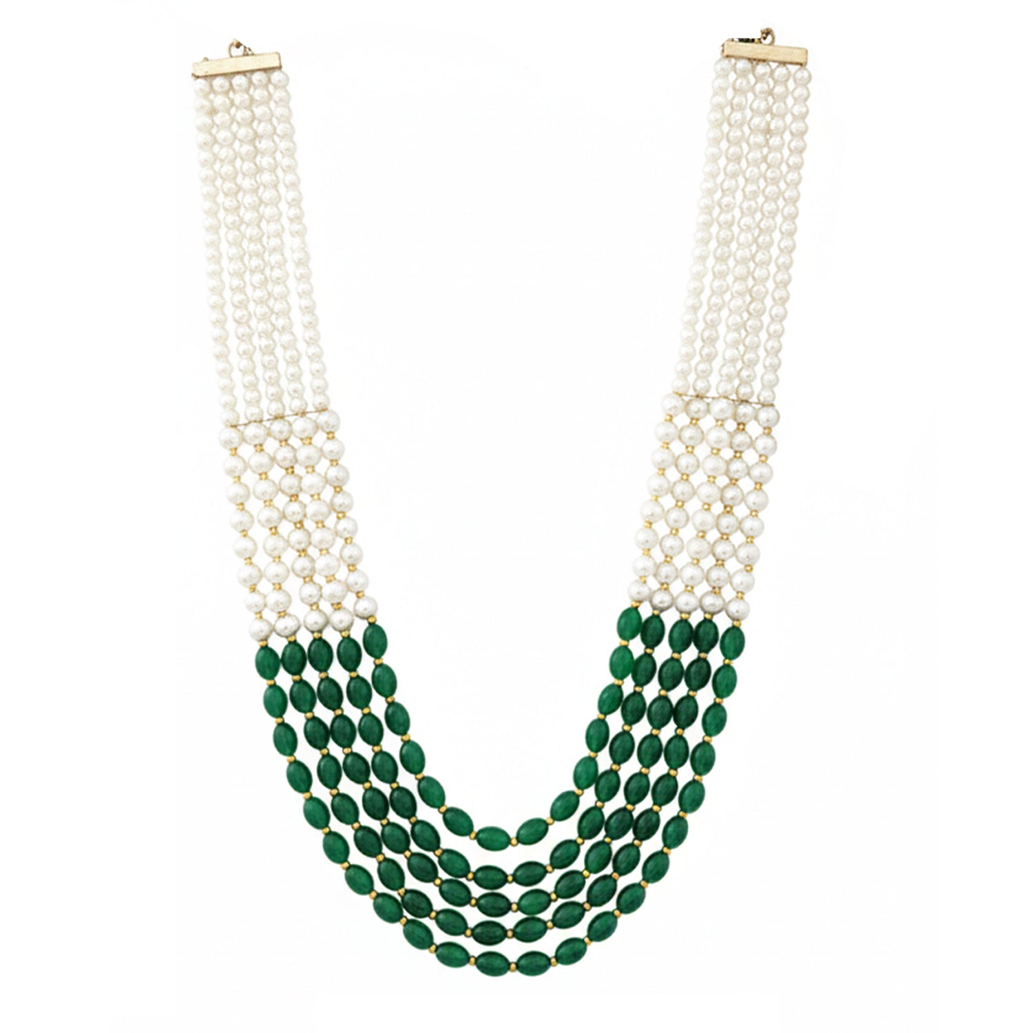 Ronav - Dual-Tone Green & White Beaded Multi-Layer Mala Necklace