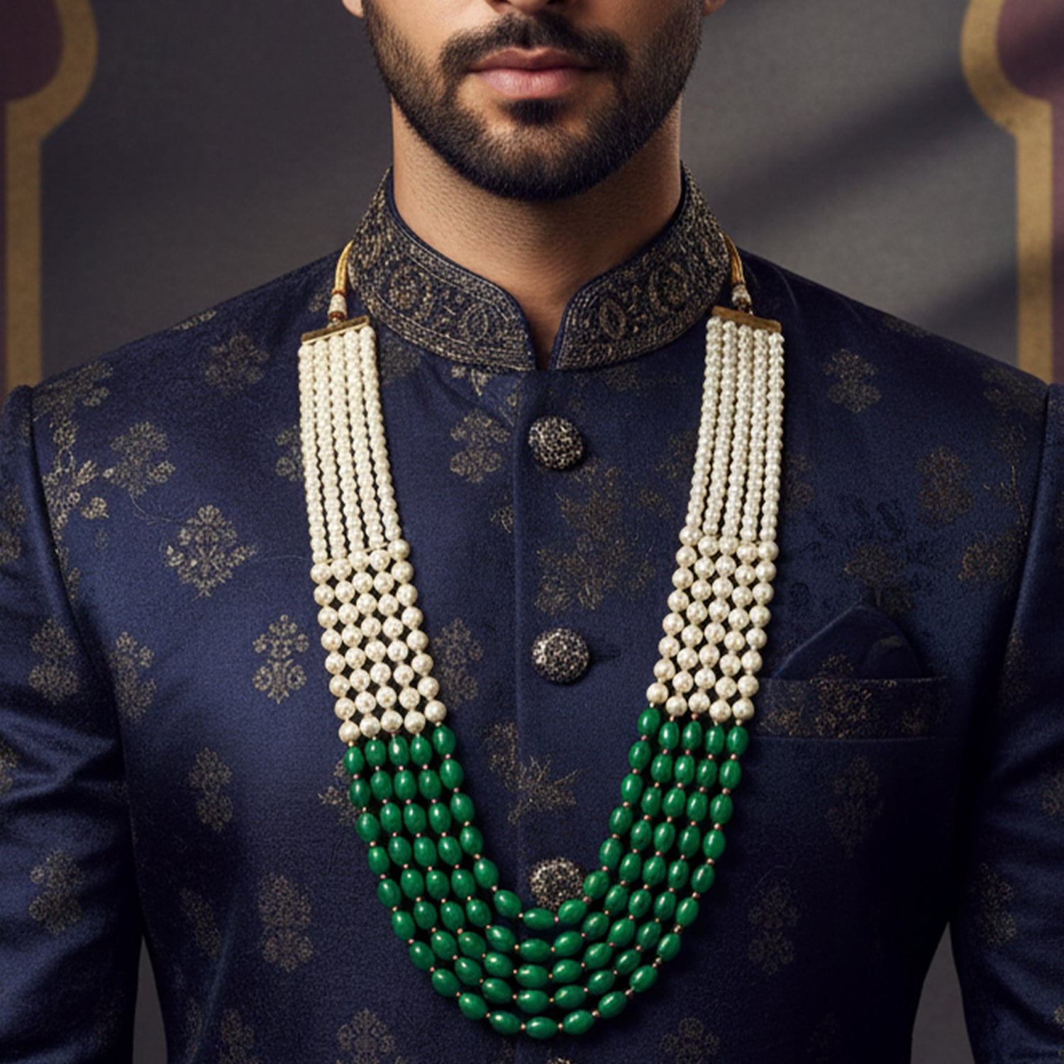 Ronav - Dual-Tone Green & White Beaded Multi-Layer Mala Necklace