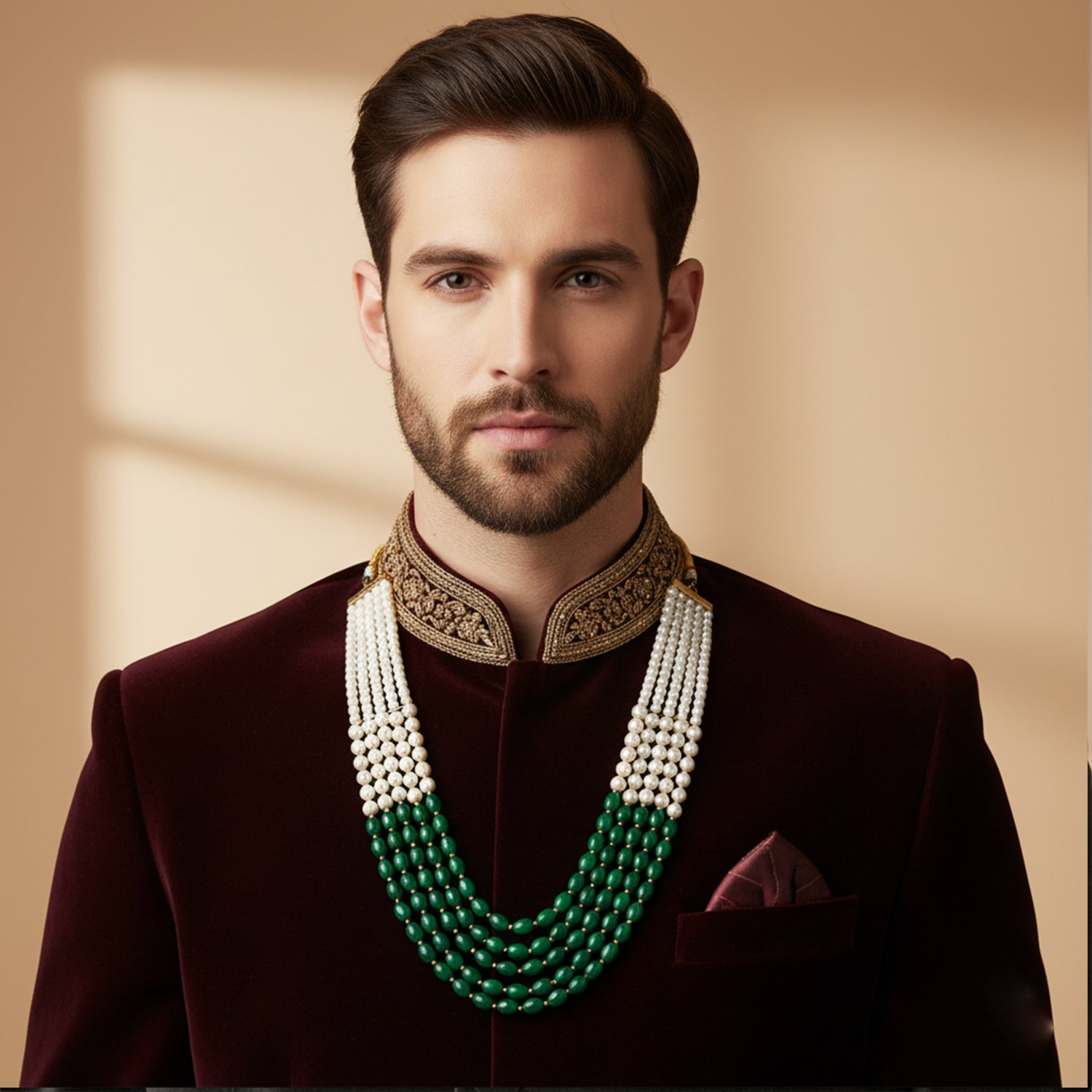 Ronav - Dual-Tone Green & White Beaded Multi-Layer Mala Necklace