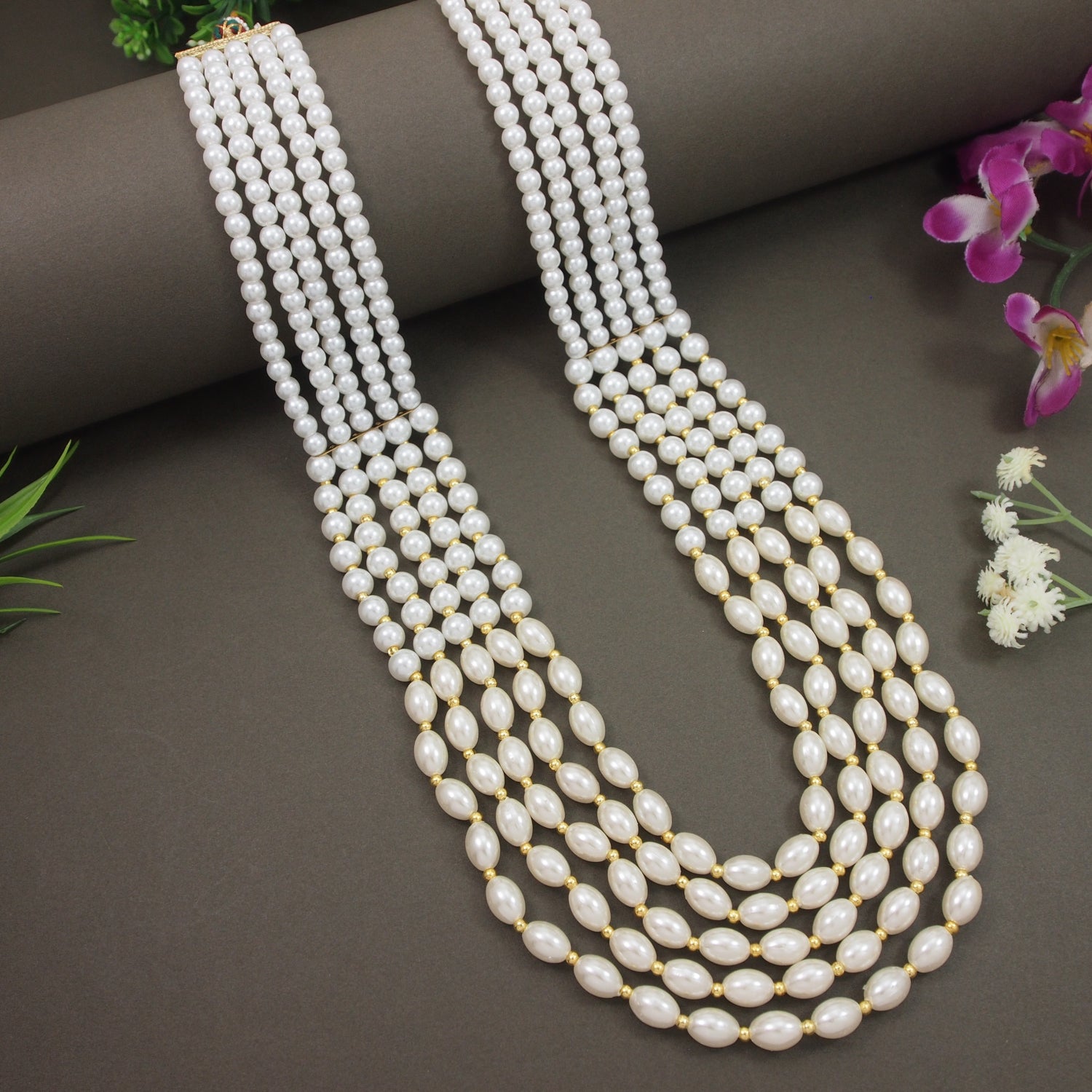 Ronav - Dual-Tone  White & Gold Beaded Multi-Layer Mala Necklace