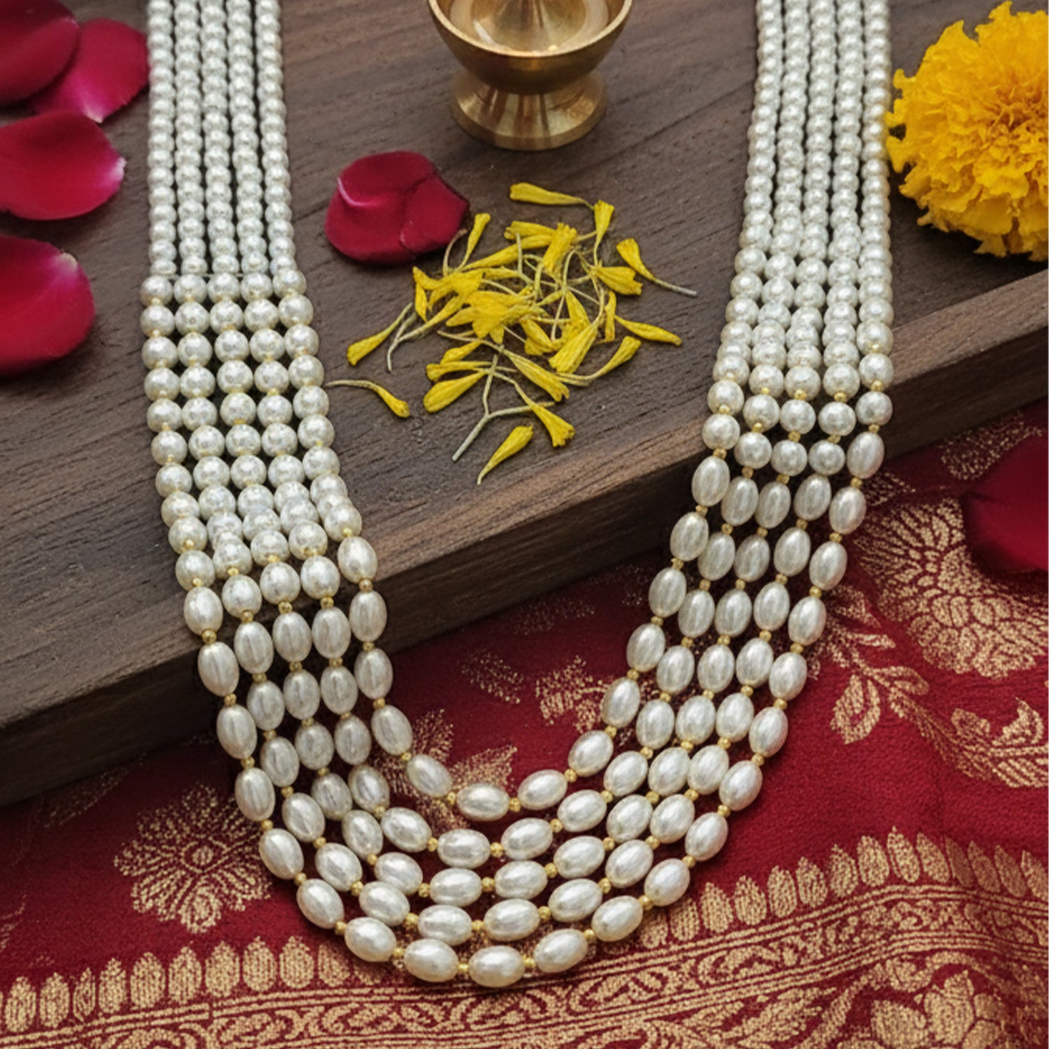Ronav - Dual-Tone  White & Gold Beaded Multi-Layer Mala Necklace