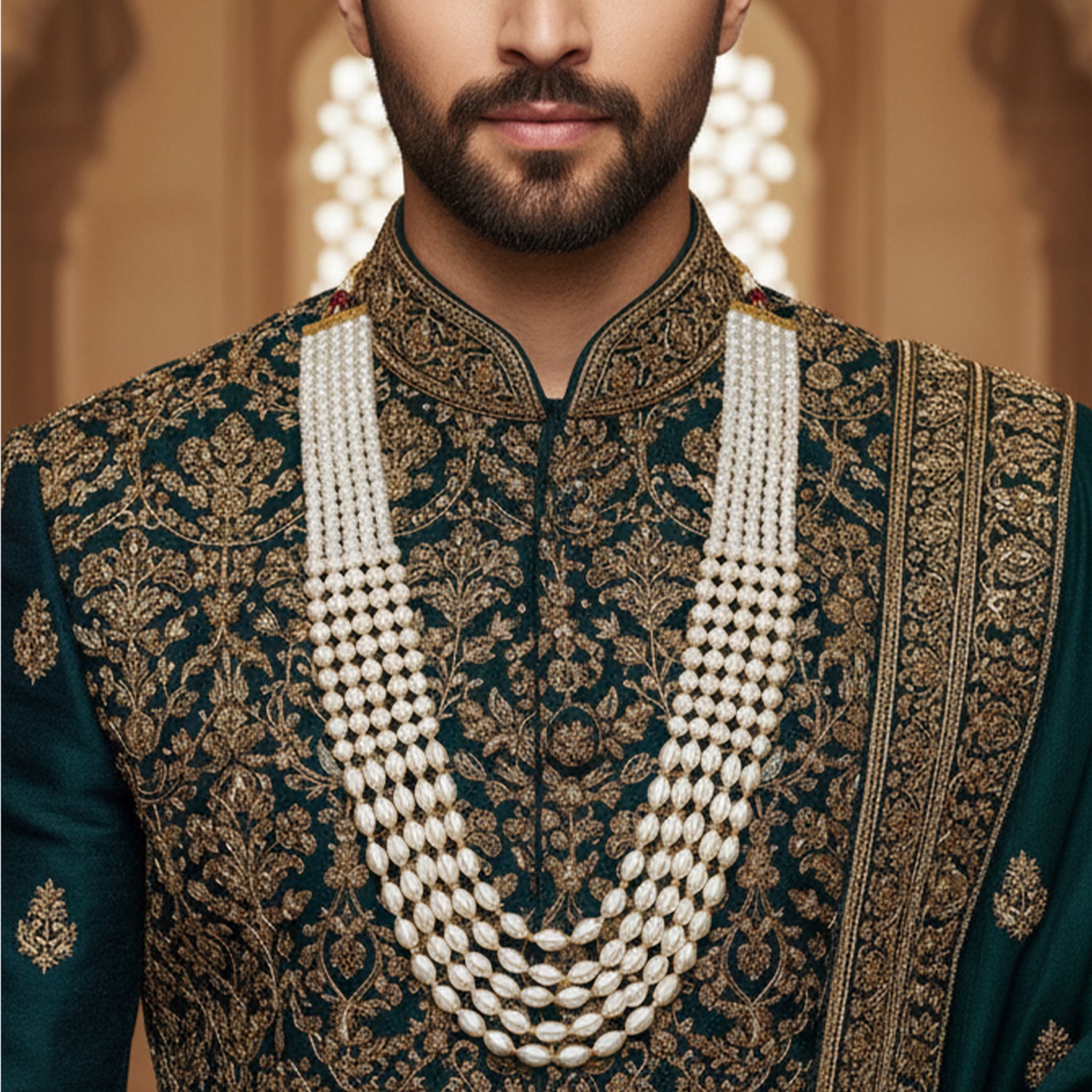 Ronav - Dual-Tone  White & Gold Beaded Multi-Layer Mala Necklace