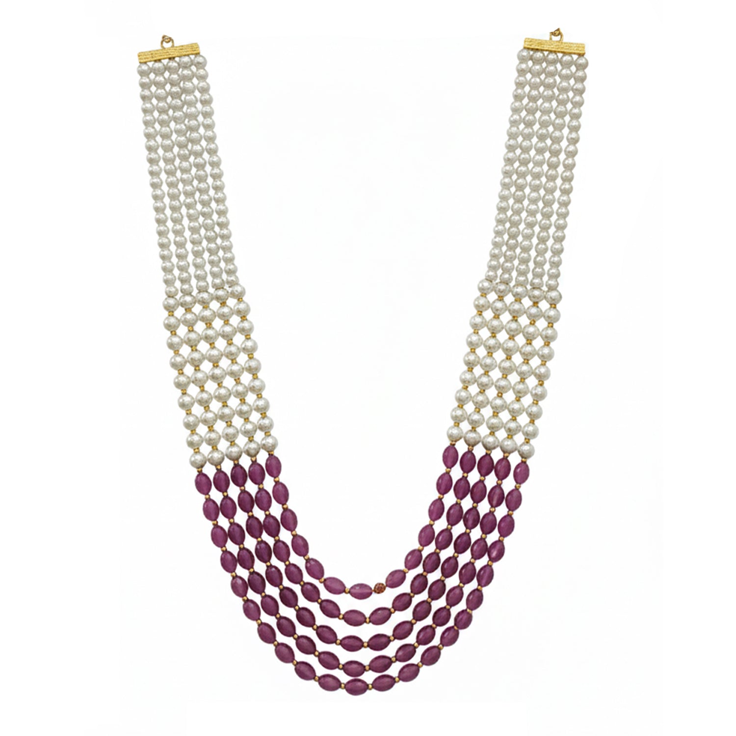 Ronav - Dual-Tone  White & Wine Beaded Multi-Layer Mala Necklace