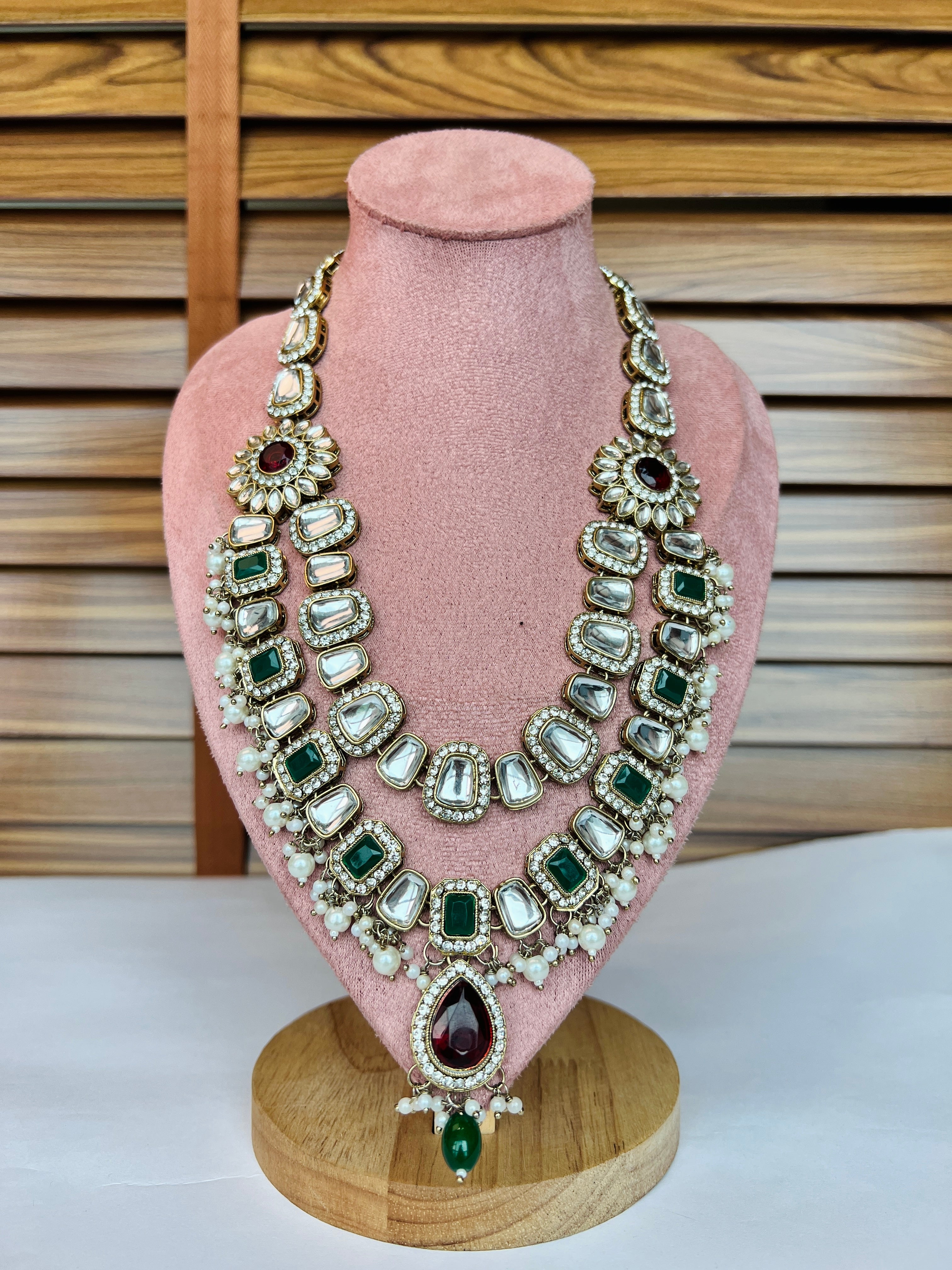Samarth - Traditional Dual Layer Kundan Style Groom Mala with Green & Maroon Stones