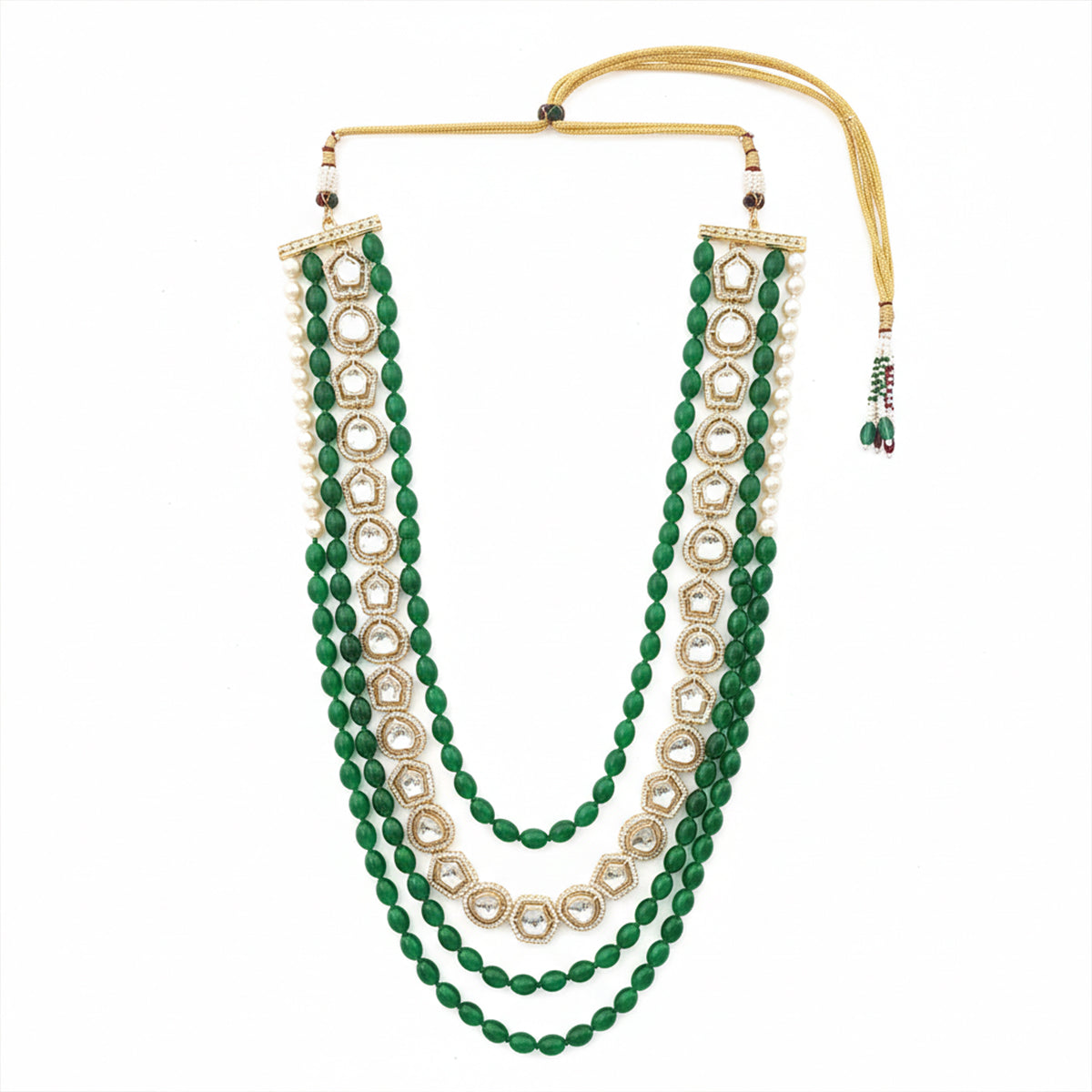 Aryan- Royal Kundan & Green Beaded Multi-Layer Wedding Mala Necklace for Men