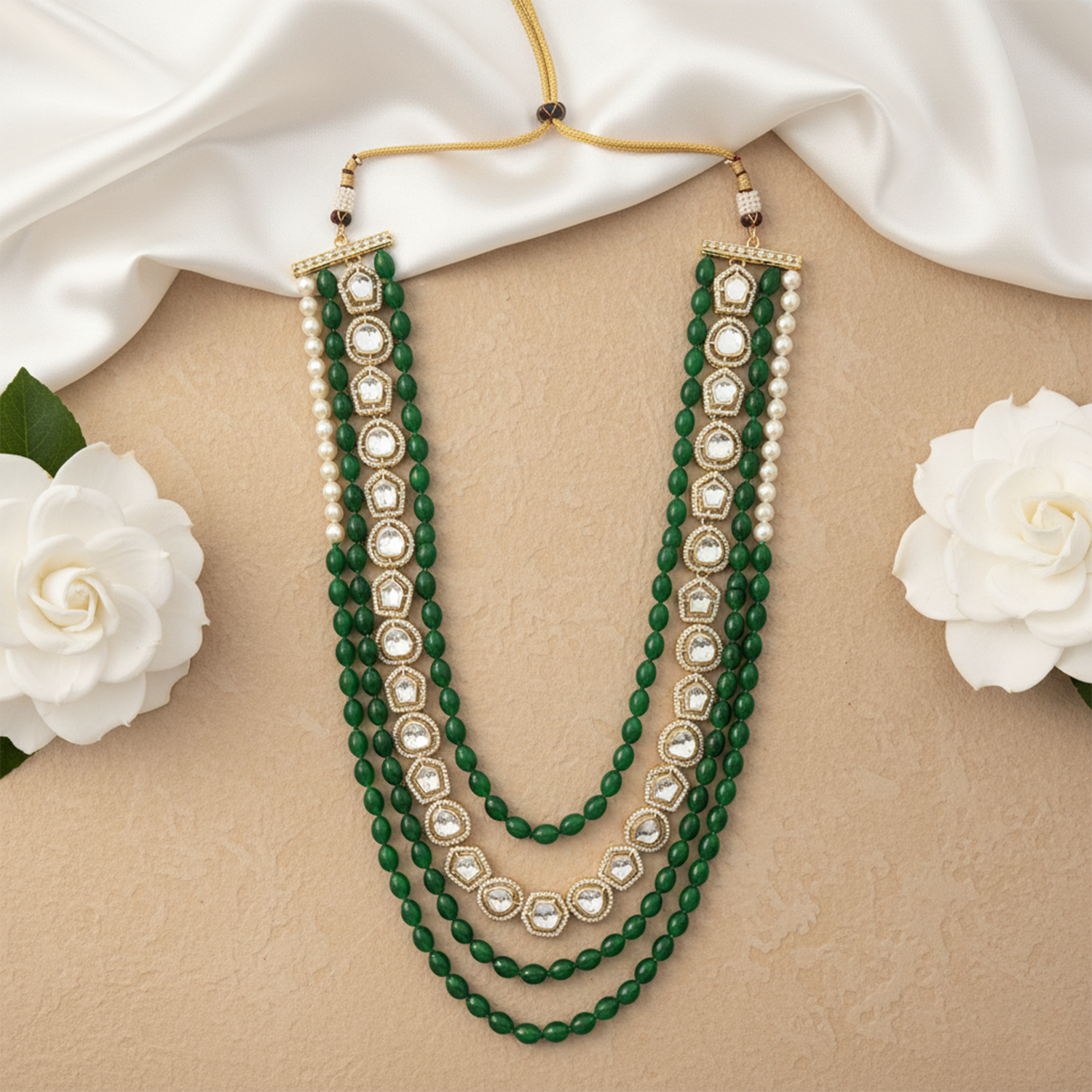 Aryan- Royal Kundan & Green Beaded Multi-Layer Wedding Mala Necklace for Men