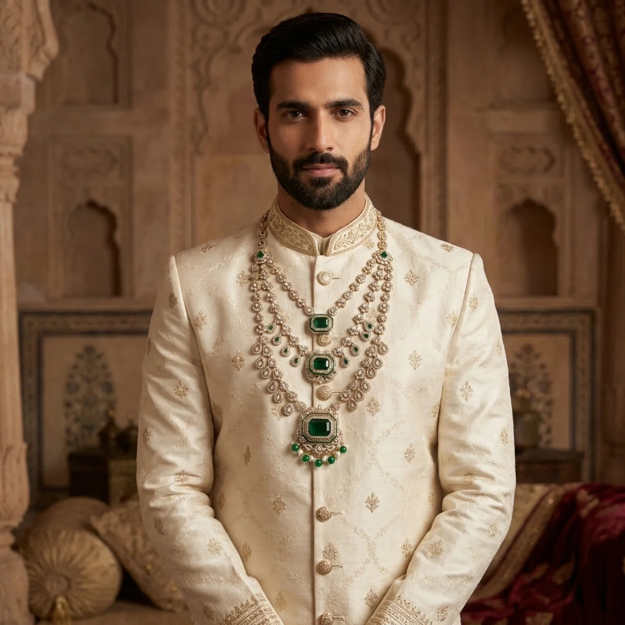 Vikramaditya- Royal Emerald Layered Kundan Mala Necklace