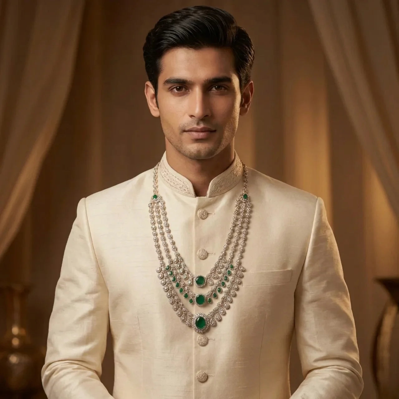 Ranveer- Multi-Layer Kundan Mala with Emerald Green Stones