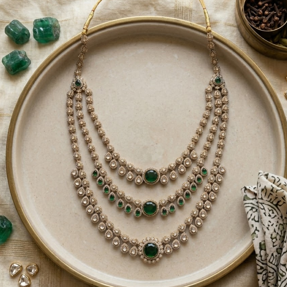 Ranveer- Multi-Layer Kundan Mala with Emerald Green Stones