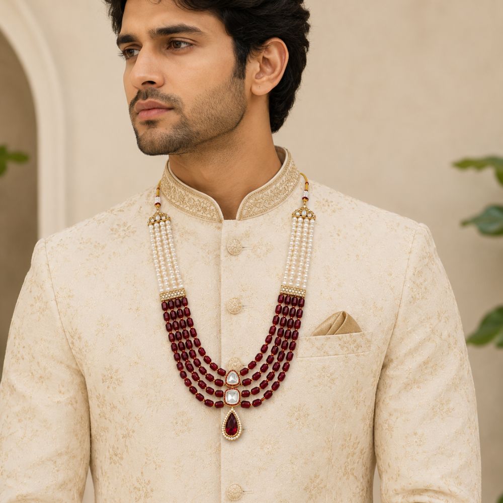 Rivaan -Multi Layer Pearl & Ruby-Style Beaded Necklace