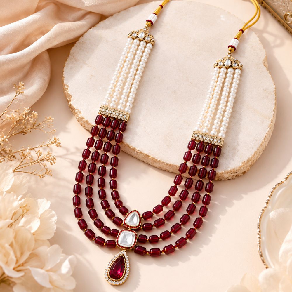 Rivaan -Multi Layer Pearl & Ruby-Style Beaded Necklace