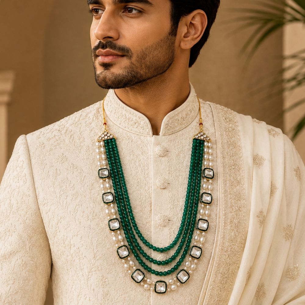 Vedansh-Multi Layer Faux Pearl & Emerald-Style Beaded Necklace