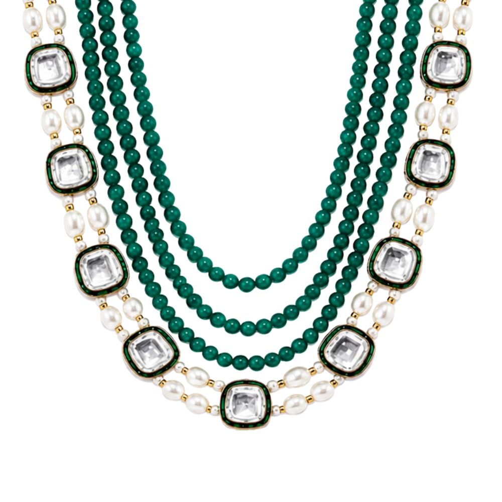 Vedansh-Multi Layer Faux Pearl & Emerald-Style Beaded Necklace
