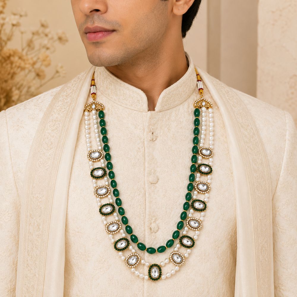 Tharun-Emerald-Style Beaded Kundan Pearl Heritage Mala Necklace