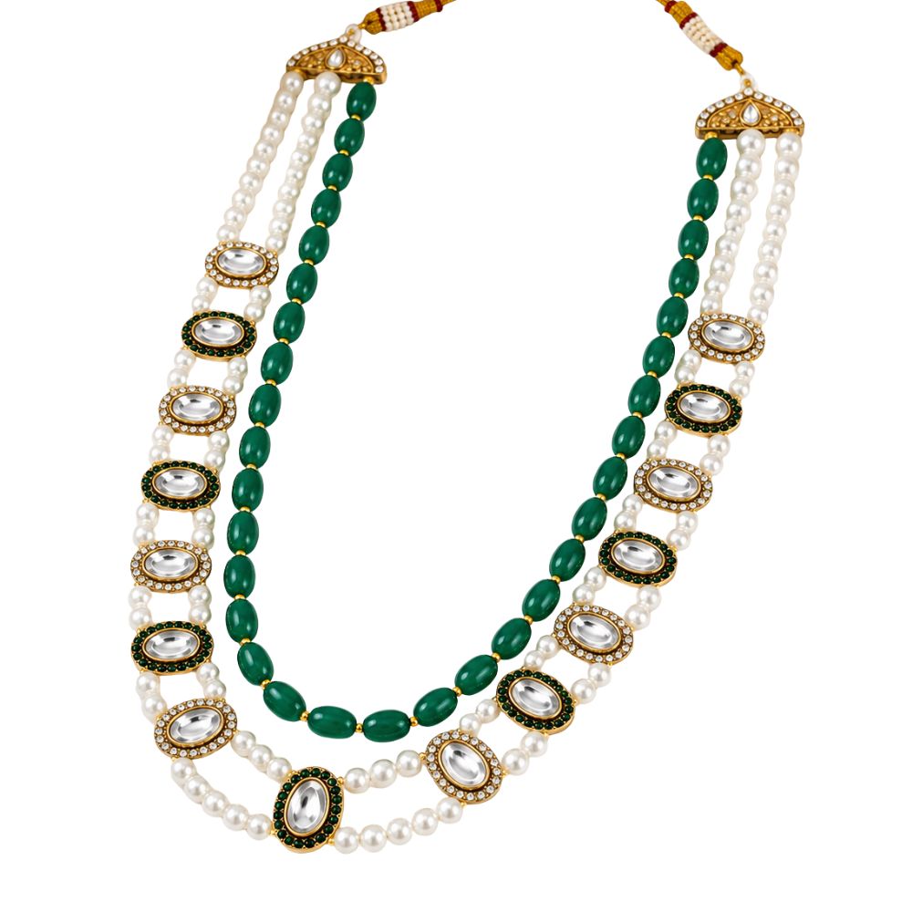 Tharun-Emerald-Style Beaded Kundan Pearl Heritage Mala Necklace
