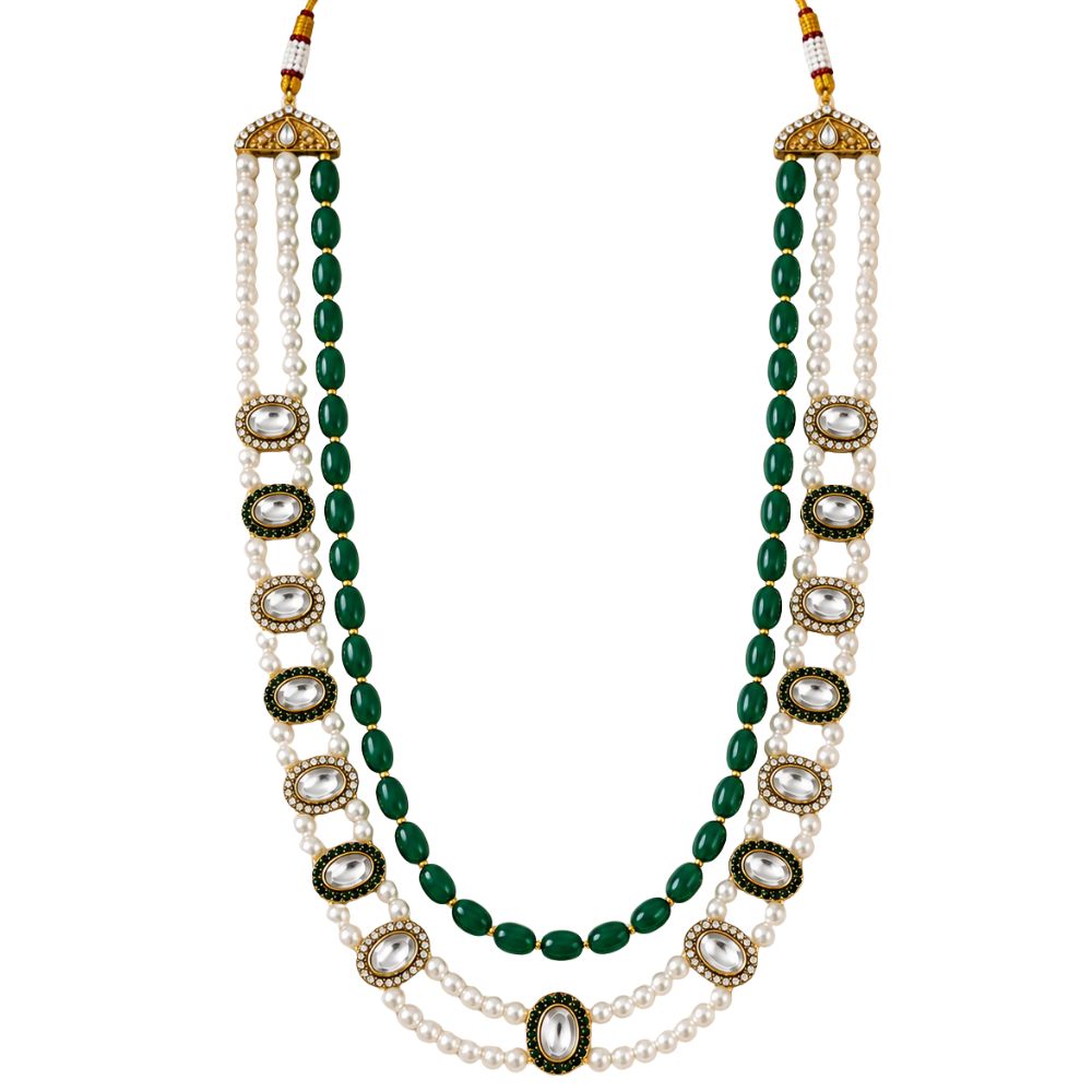 Tharun-Emerald-Style Beaded Kundan Pearl Heritage Mala Necklace