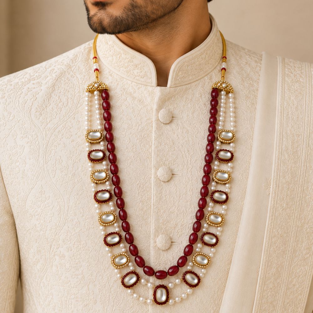 Tharun-Ruby-Style Beaded Faux Pearl Kundan Mala Necklace