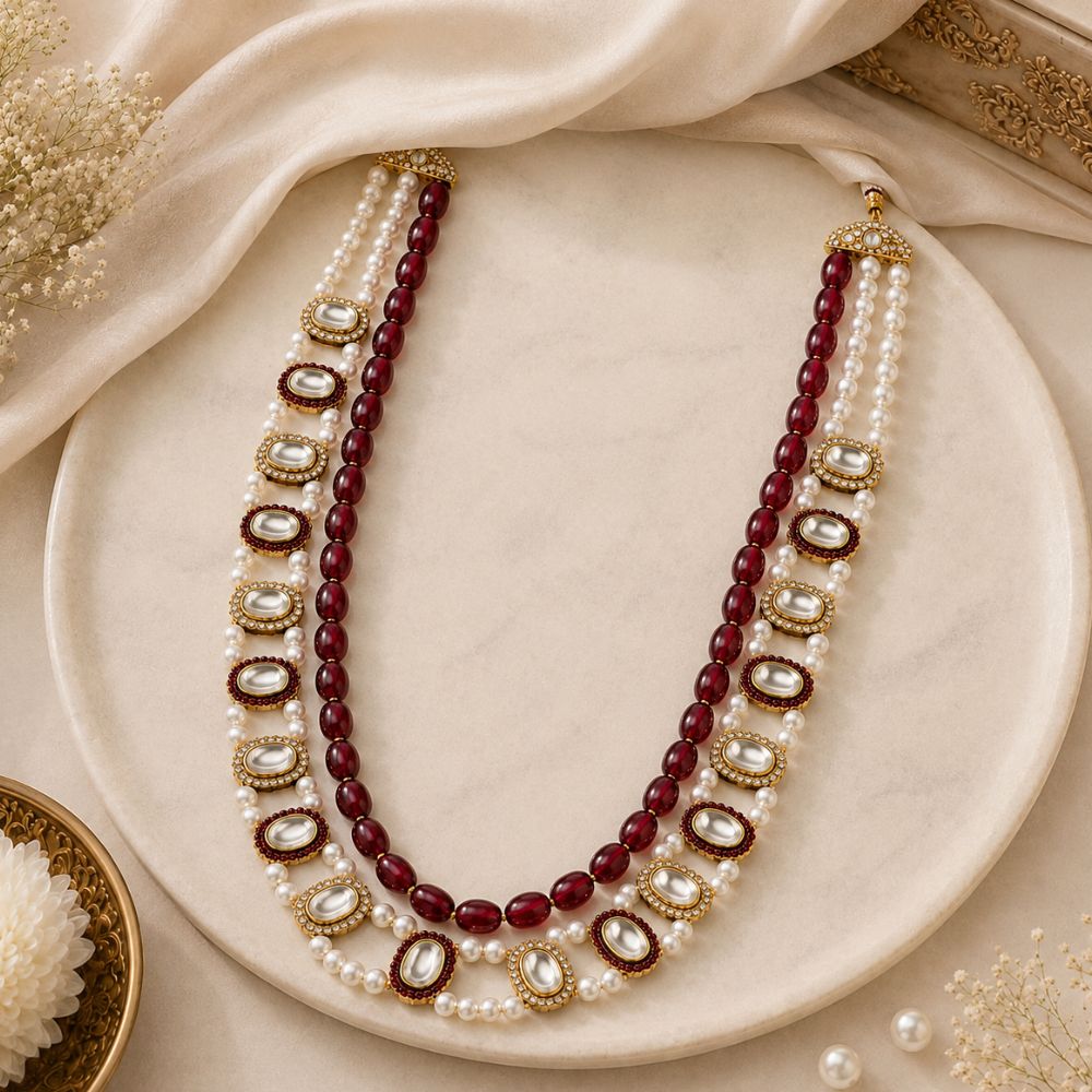 Tharun-Ruby-Style Beaded Faux Pearl Kundan Mala Necklace