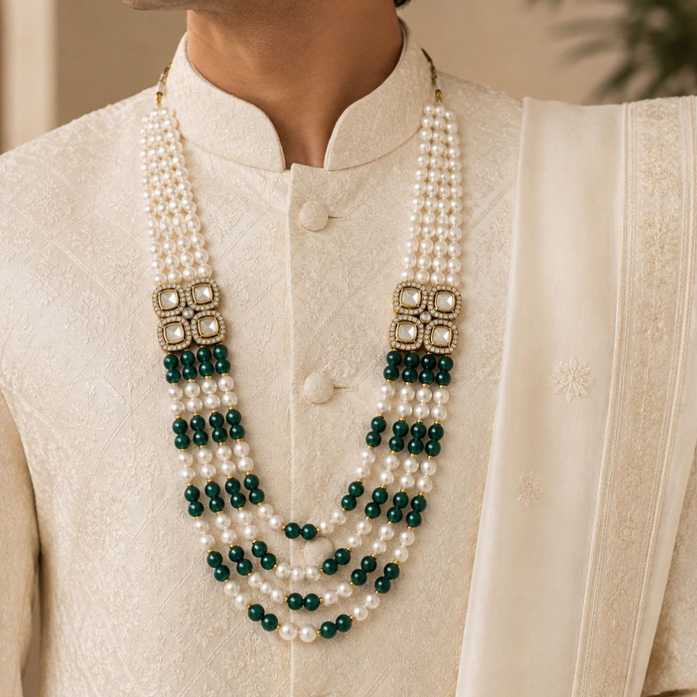 Tavish-Emerald-Style Beaded Pearl Layered Kundan Mala Necklace
