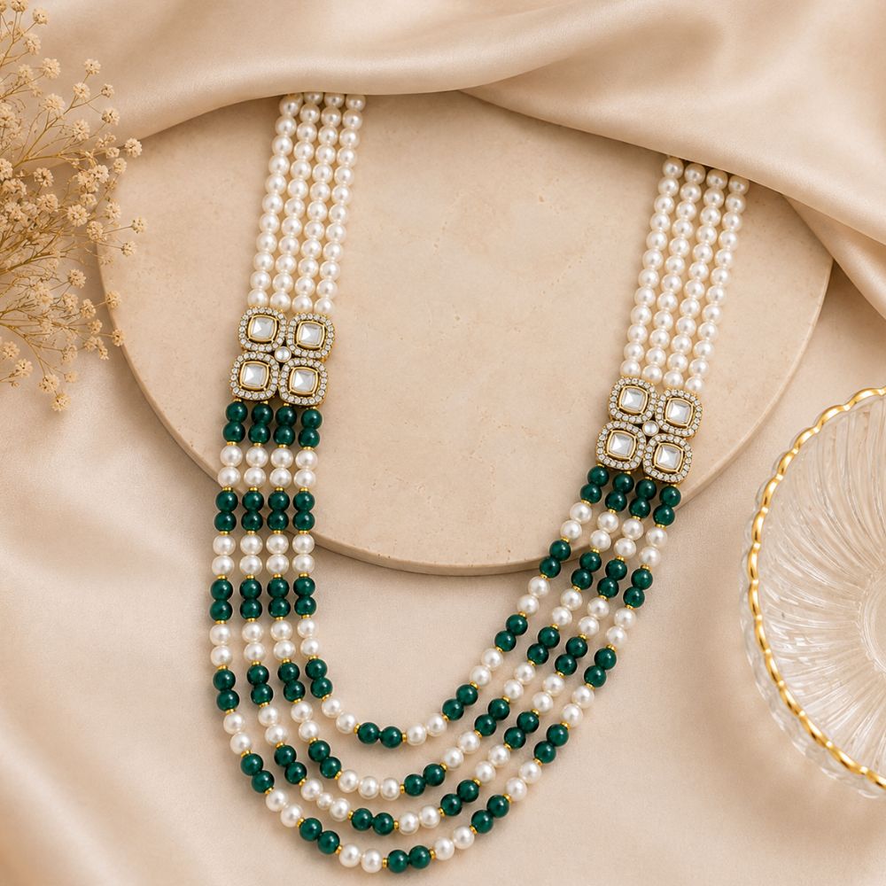 Tavish-Emerald-Style Beaded Pearl Layered Kundan Mala Necklace