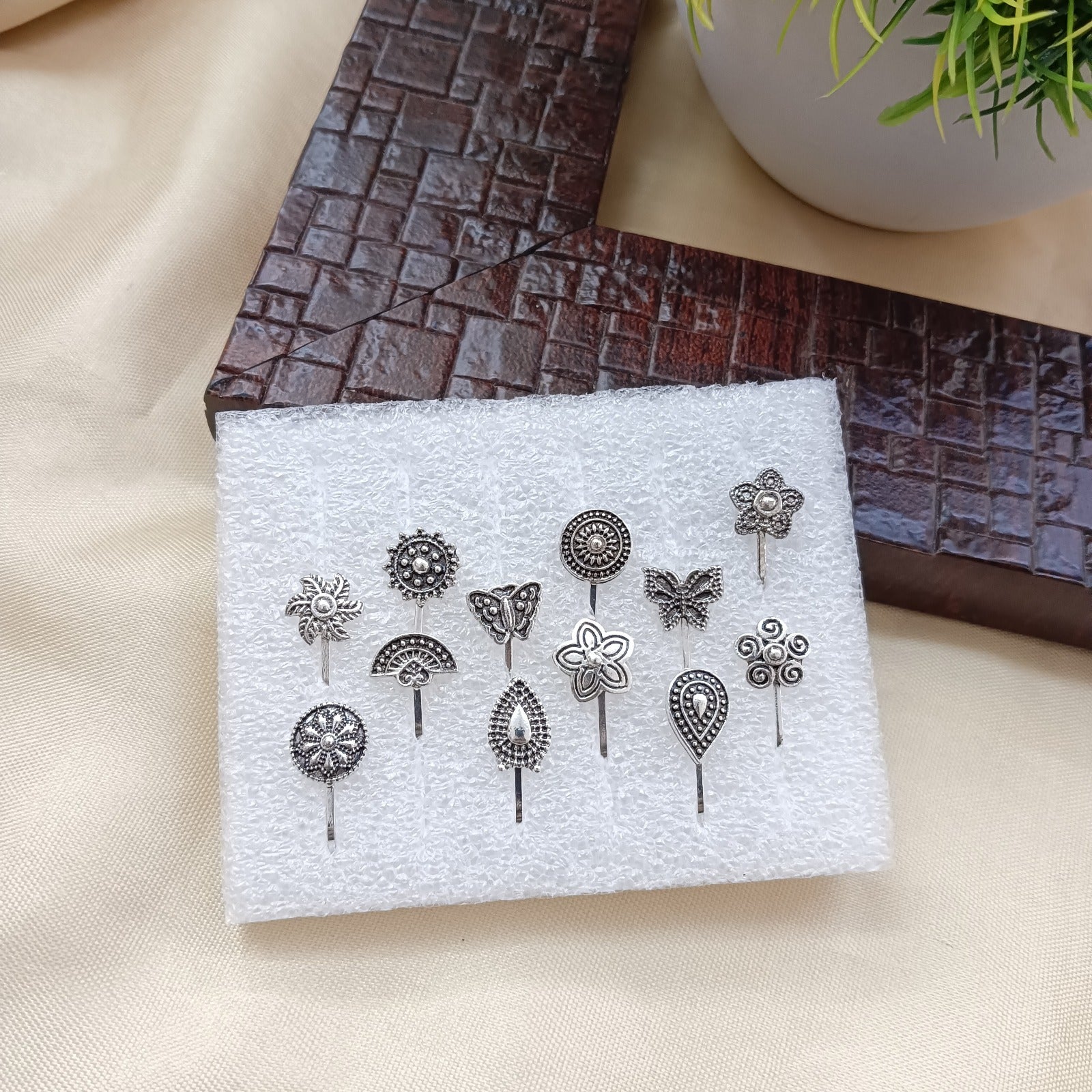 Tiara-Oxidised Floral Motif Assorted Nose Pin Set
