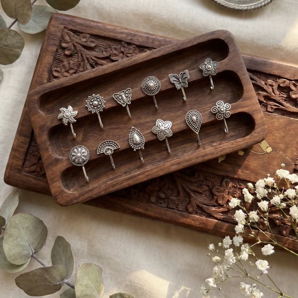 Tiara-Oxidised Floral Motif Assorted Nose Pin Set