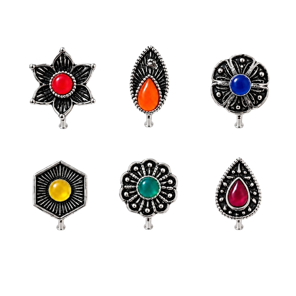 Tripura- Set of 6 Multicolour Oxidised Nose Pins