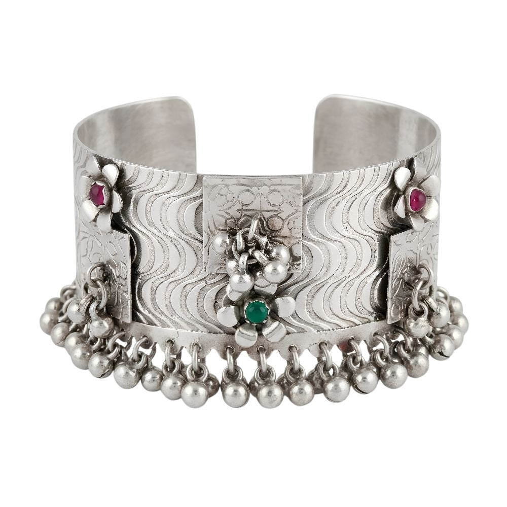 Rudrima- Floral Oxidised Silver Ghungroo Cuff