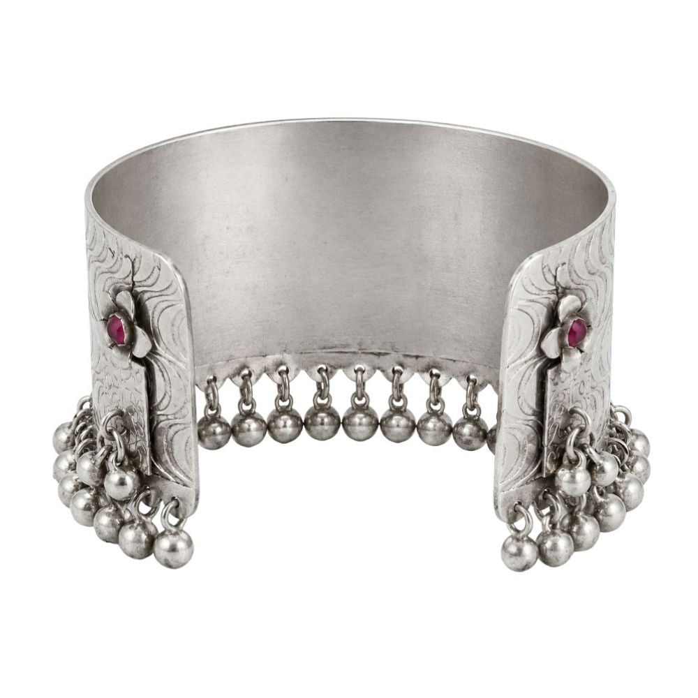 Rudrima- Floral Oxidised Silver Ghungroo Cuff