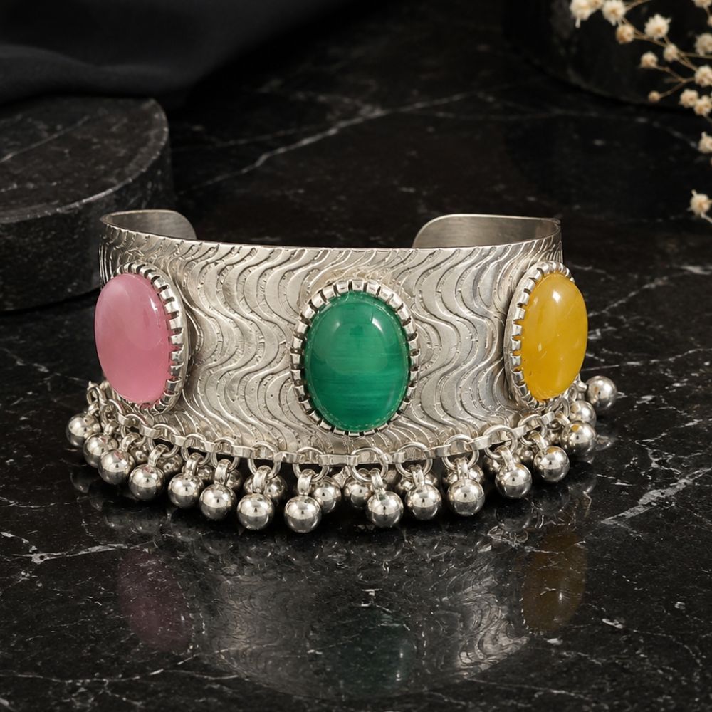 Sahiti- Multicolour Stone Oxidised Silver Ghungroo Cuff