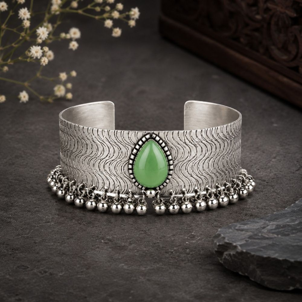 Namisha- Mint Green Oxidised Silver Ghungroo Cuff