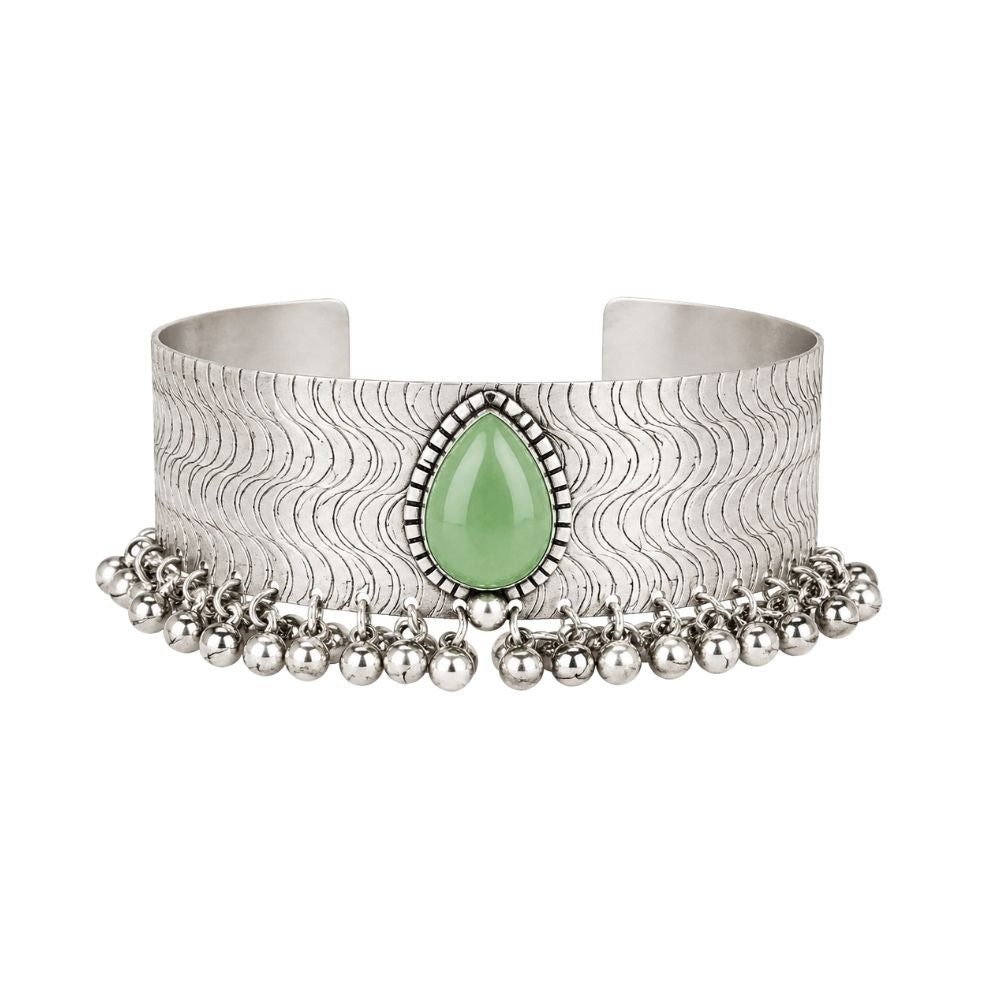 Namisha- Mint Green Oxidised Silver Ghungroo Cuff