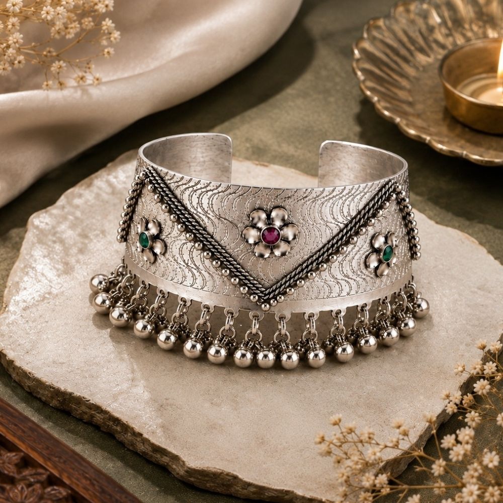 Rudrika-Oxidised Silver Floral Ghungroo Cuff Bracelet