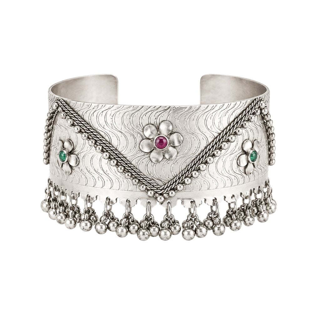 Rudrika-Oxidised Silver Floral Ghungroo Cuff Bracelet