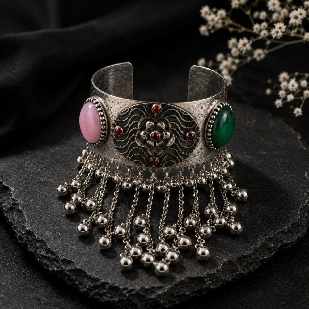 Malini- Multicolour Oxidised Silver Floral Ghungroo Cuff