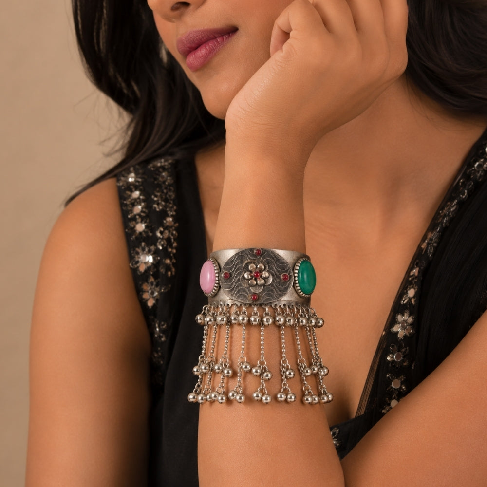 Malini- Multicolour Oxidised Silver Floral Ghungroo Cuff