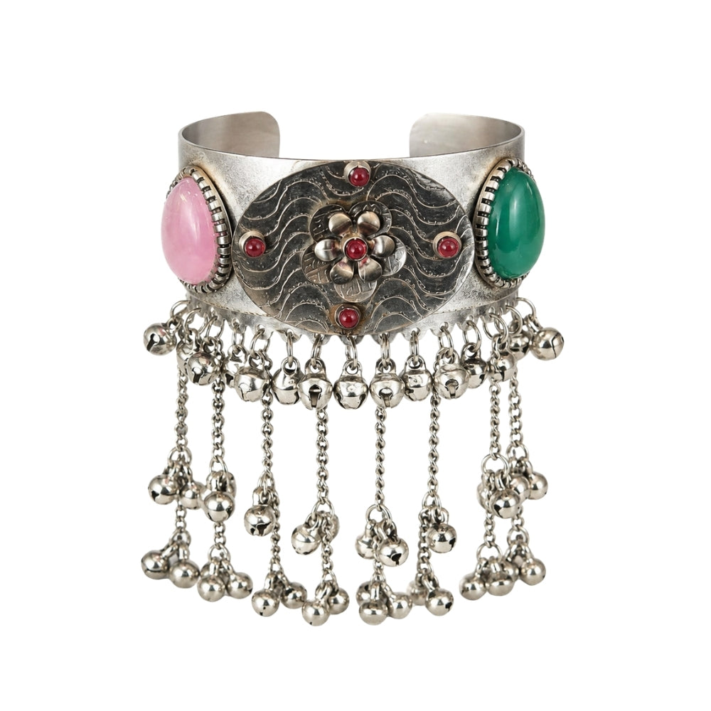 Malini- Multicolour Oxidised Silver Floral Ghungroo Cuff