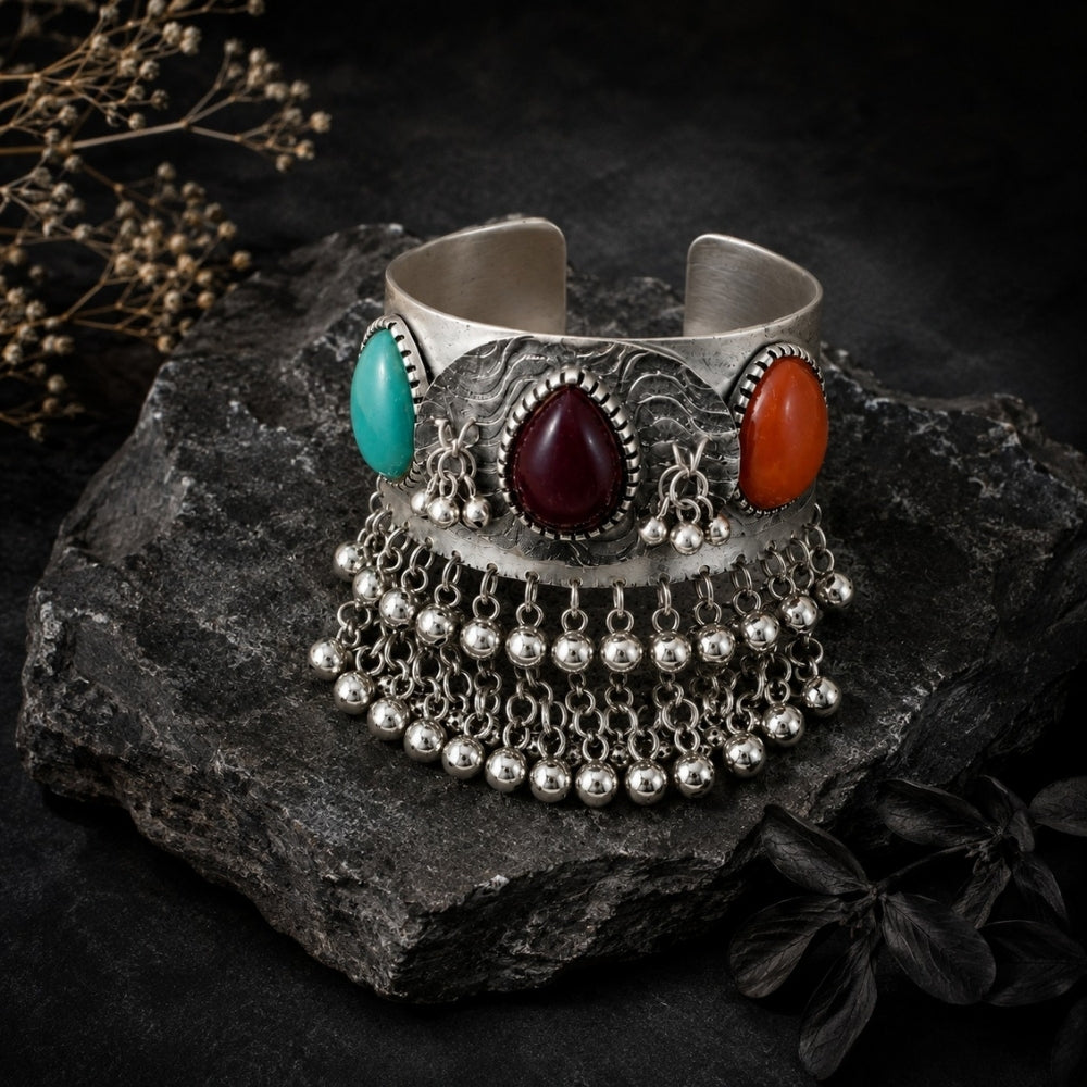 Vaidika- Multicolour Oxidised Silver Ghungroo Cuff Bracelet